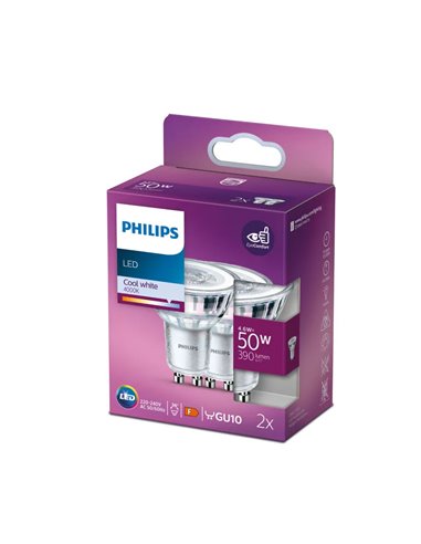 Pack 2 bombillas GU10 LEDClassic 4,6W equivalente a 50W, 36D 4000K 390Lm