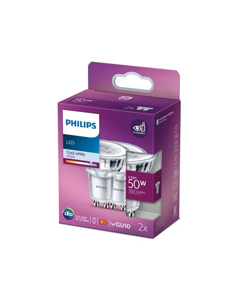 Pack 2 bombillas GU10 LEDClassic 4,6W equivalente a 50W, 36D 4000K 390Lm