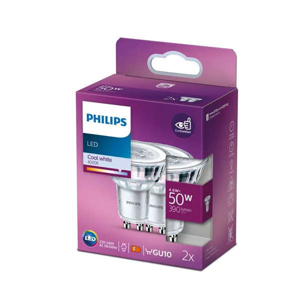 Pack 2 bombillas GU10 LEDClassic 4,6W equivalente a 50W, 36D 4000K 390Lm