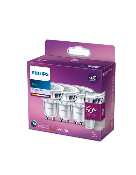 Pack 3 bombillas GU10 LEDClassic 4,6W equivalente a 50W, 36D, 4000K 390Lm