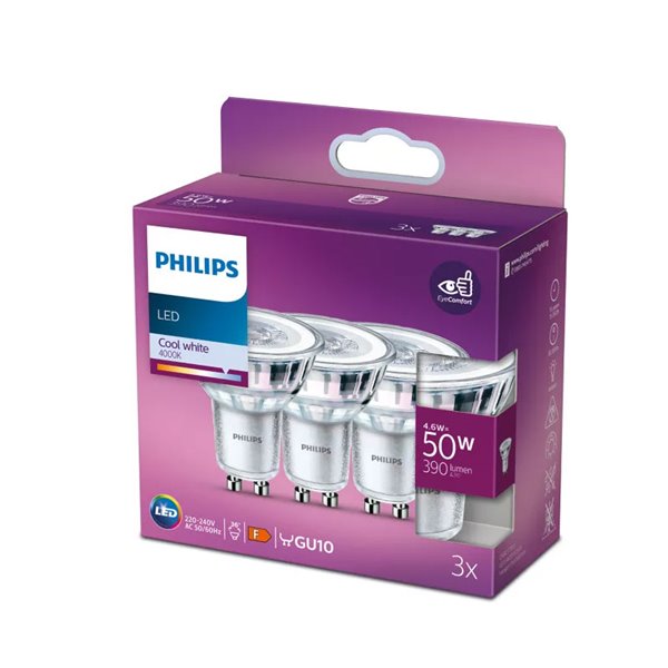 Pack 3 bombillas GU10 LEDClassic 4,6W equivalente a 50W, 36D, 4000K 390Lm