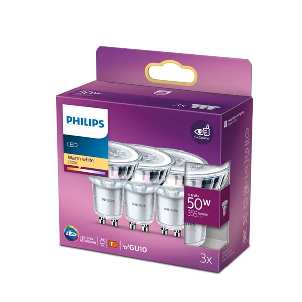 Pack 3 bombillas GU10 LEDClassic 4,6W equivalente a 50W, 36D 2700K 355Lm