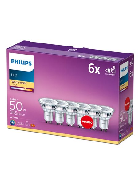 Pack ahorro 6 bombillas GU10 LEDClassic 4,6W equivalente a 50W, 36D 2700K 355Lm