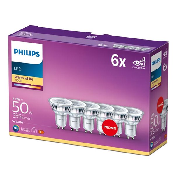 Pack ahorro 6 bombillas GU10 LEDClassic 4,6W equivalente a 50W, 36D 2700K 355Lm