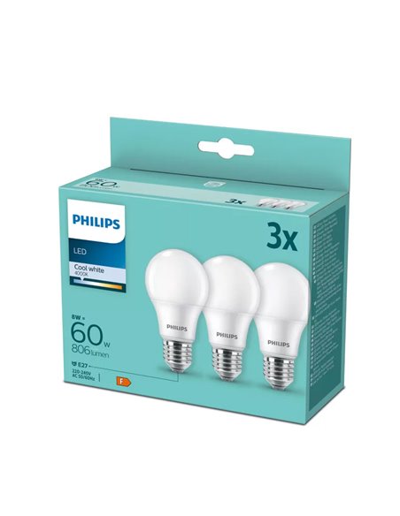 Pack 3 bombillas LED E27 8W equivalentes a 60W A60, 4000K 806Lm, cristal opaco