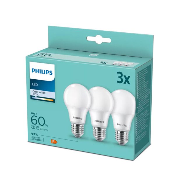 Pack 3 bombillas LED E27 8W equivalentes a 60W A60, 4000K 806Lm, cristal opaco