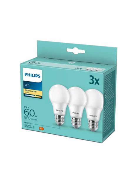 Pack de 3 ampoules LED E27 8W équivalent 60W A60, 2700K 806Lm, verre opaque