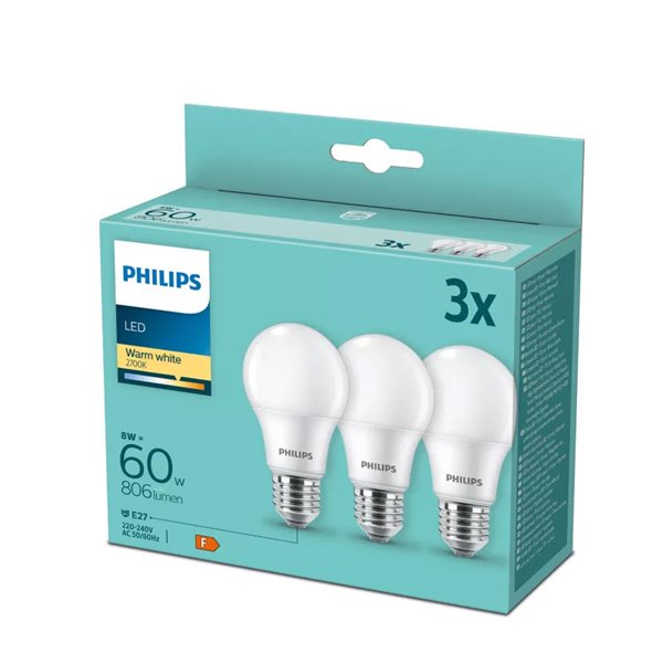 Pack 3 bombillas LED E27 8W equivalente a 60W A60, 2700K 806Lm, cristal opaco