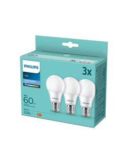Pack 3 bombillas LED E27 8W equivalente a 60W A60, 180º, 6500K 806Lm, cristal opaco