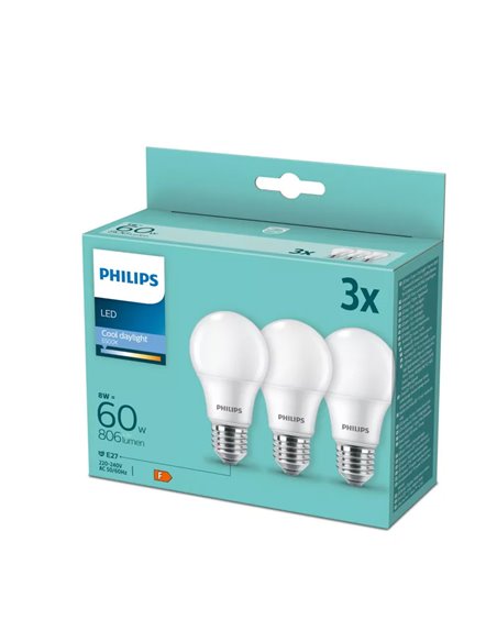 Pacote de 3 lâmpadas LED E27 8W equivalente a 60W A60, 180º, 6500K 806Lm, vidro opaco