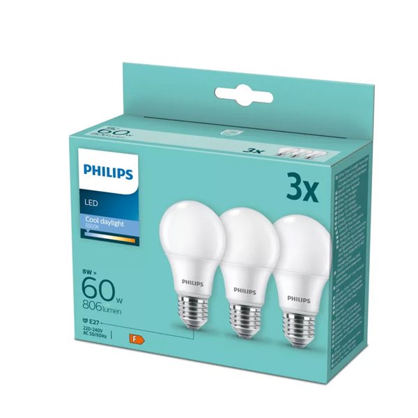 Pack de 3 ampoules LED E27 8W équivalent 60W A60, 180º, 6500K 806Lm, verre opaque