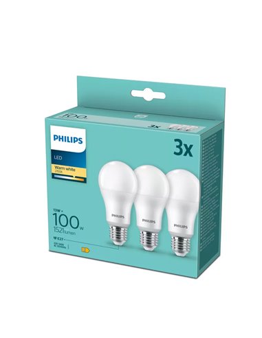 Pack 3 bombillas LED E27 14W equivalente a 100W A67, 2700K 1521Lm, 150º cristal opaco