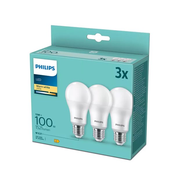 Pack 3 bombillas LED E27 14W equivalente a 100W A67, 2700K 1521Lm, 150º cristal opaco