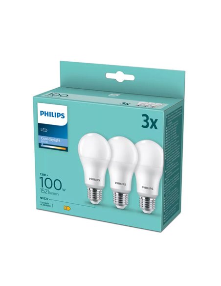 Pack 3 bombillas E27 LED 13W equivalentes a 100W A67, 6500K 1521Lm, 180º cristal opaco