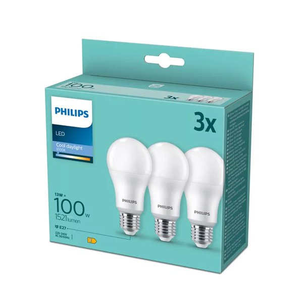 Pack 3 bombillas E27 LED 13W equivalentes a 100W A67, 6500K 1521Lm, 180º cristal opaco