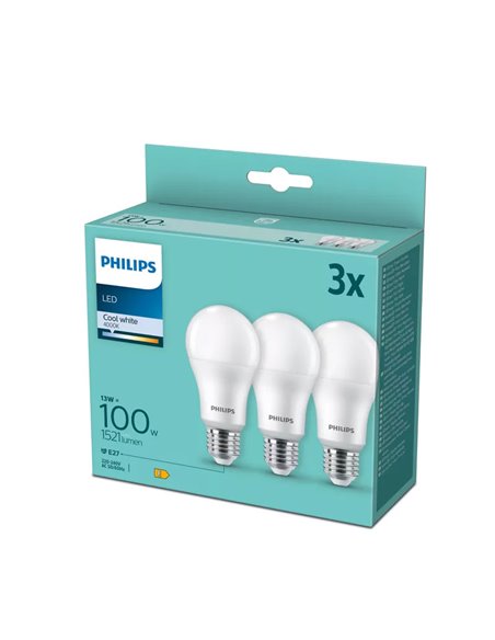 Pack 3 bombillas E27 LED 14W equivalente a 100W A67, 4000K 1521Lm, 150º cristal opaco