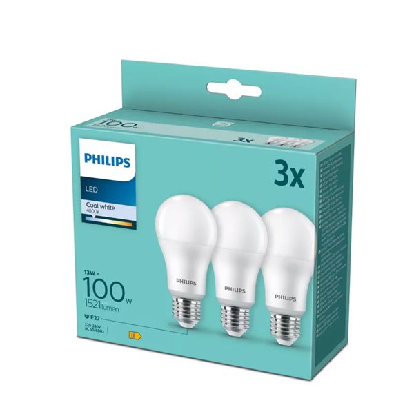 Pack 3 bombillas E27 LED 14W equivalente a 100W A67, 4000K 1521Lm, 150º cristal opaco