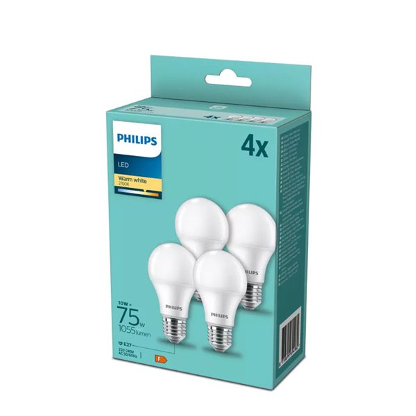 Pack de 4 bombillas LED E27 10W equivalente a 75W A60, 2700K 1055Lm, cristal opaco