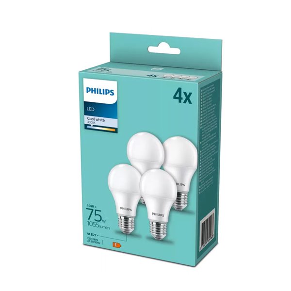 Pack 4 bombillas E27 LED 10W equivalentes a 75W A60, 4000K 1055Lm, cristal opaco