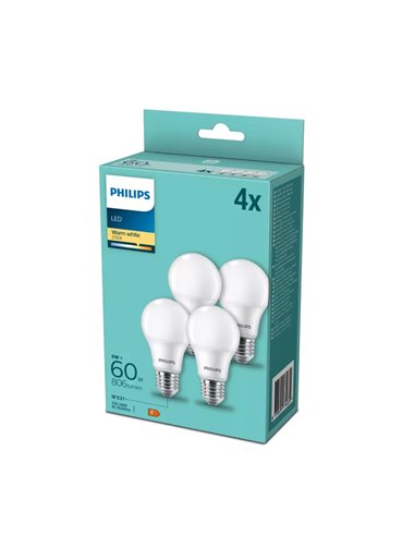 Pack de 4 ampoules LED E27, 8W, équivalent à 60W A60, 2700K, 806Lm, 180º, verre opaque