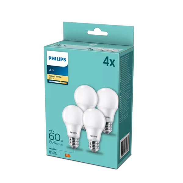 Pack 4 bombillas E27 LED 8W equivalente a 60W A60, 2700K 806Lm, 180º cristal opaco