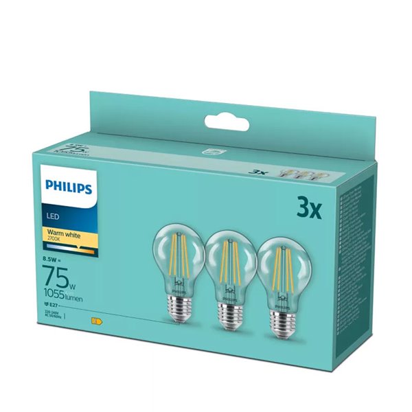Pacote de 3 lâmpadas LED de filamento clássicas, 8,5W, equivalente a 75W A60, 2700K, 1055Lm