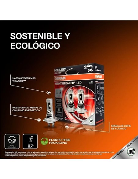 Bombilla LED H7 homologada NIGHT BREAKER LED SPEED H7 450, +450%, 64210DWNBSP-2HB, ALCANCE 240M, 6000K, sin transformador, Pack 