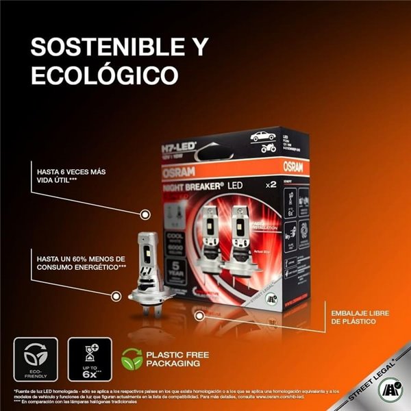 Bombilla LED H7 homologada NIGHT BREAKER LED SPEED H7 450, +450%, 64210DWNBSP-2HB, ALCANCE 240M, 6000K, sin transformador, Pack 