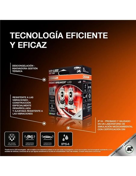 Bombilla LED H7 homologada NIGHT BREAKER LED SPEED H7 450, +450%, 64210DWNBSP-2HB, ALCANCE 240M, 6000K, sin transformador, Pack 