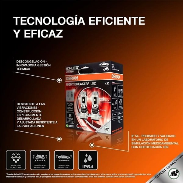 Bombilla LED H7 homologada NIGHT BREAKER LED SPEED H7 450, +450%, 64210DWNBSP-2HB, ALCANCE 240M, 6000K, sin transformador, Pack