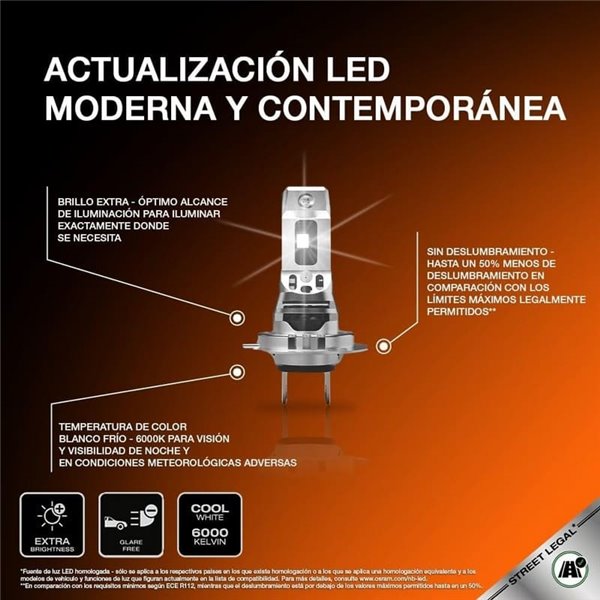 Bombilla LED H7 homologada NIGHT BREAKER LED SPEED H7 450, +450%, 64210DWNBSP-2HB, ALCANCE 240M, 6000K, sin transformador, Pack