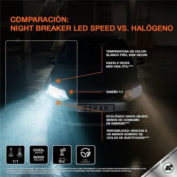 Bombilla LED H7 homologada NIGHT BREAKER LED SPEED H7 450, +450%, 64210DWNBSP-2HB, ALCANCE 240M, 6000K, sin transformador, Pack