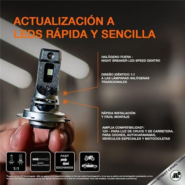 Bombilla LED H7 homologada NIGHT BREAKER LED SPEED H7 450, +450%, 64210DWNBSP-2HB, ALCANCE 240M, 6000K, sin transformador, Pack 