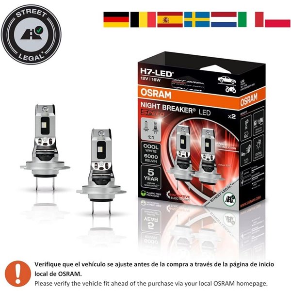 Bombilla LED H7 homologada NIGHT BREAKER LED SPEED H7 450, +450%, 64210DWNBSP-2HB, ALCANCE 240M, 6000K, sin transformador, Pack