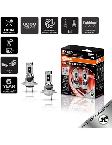 Bombilla LED H7 homologada NIGHT BREAKER LED SPEED H7 450, +450%, 64210DWNBSP-2HB, ALCANCE 240M, 6000K, sin transformador, Pack 