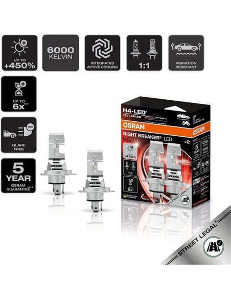 Bombillas LED H4 Homologadas NIGHT BREAKER SPEED H4 450, + 450%,  64193DWNBSP-2HB, alcance 240m, 6000K, pack 2