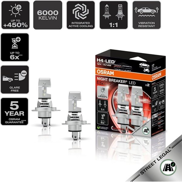 Bombillas LED H4 Homologadas NIGHT BREAKER SPEED H4 450, + 450%,  64193DWNBSP-2HB, alcance 240m, 6000K, pack 2