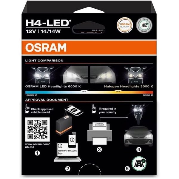 Bombillas LED H4 Homologadas NIGHT BREAKER SPEED H4 450, + 450%,  64193DWNBSP-2HB, alcance 240m, 6000K, pack 2