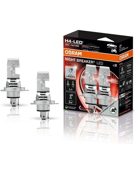 Bombillas LED H4 Homologadas NIGHT BREAKER SPEED H4 450, + 450%,  64193DWNBSP-2HB, alcance 240m, 6000K, pack 2