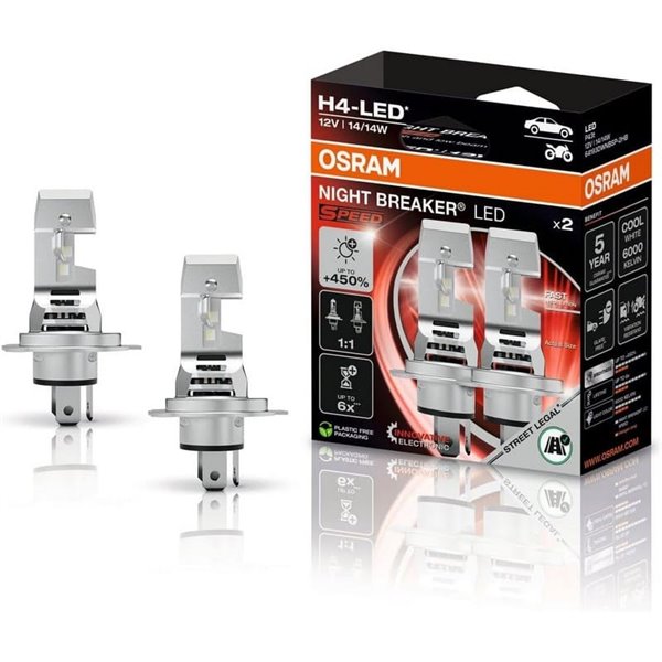 Bombillas LED H4 Homologadas NIGHT BREAKER SPEED H4 450, + 450%,  64193DWNBSP-2HB, alcance 240m, 6000K, pack 2
