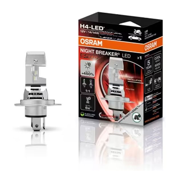Bombilla LED H4 Homologada NIGHT BREAKER LED SPEED H4 450, +450%, 64193DWNBSP-1HB, alcance 240m, 6000K