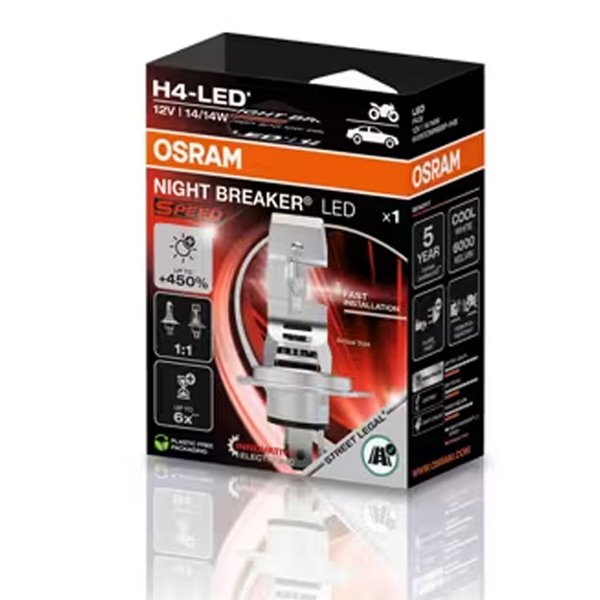 Bombilla LED H4 Homologada NIGHT BREAKER LED SPEED H4 450, +450%, 64193DWNBSP-1HB, alcance 240m, 6000K