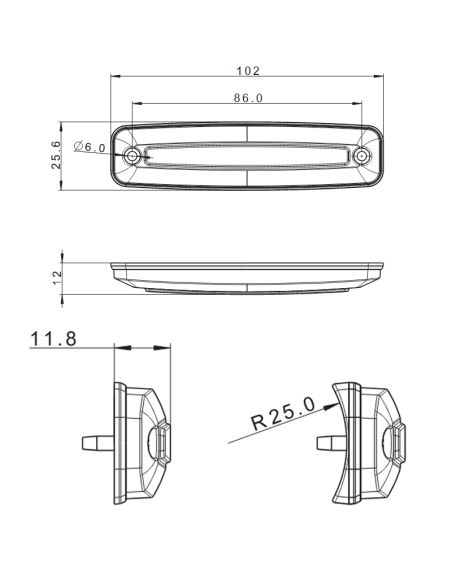 Medidas Barra de LED FT-079 12–24V compacta – Branca / Âmbar / Vermelha E9 R10 A R1 SM1