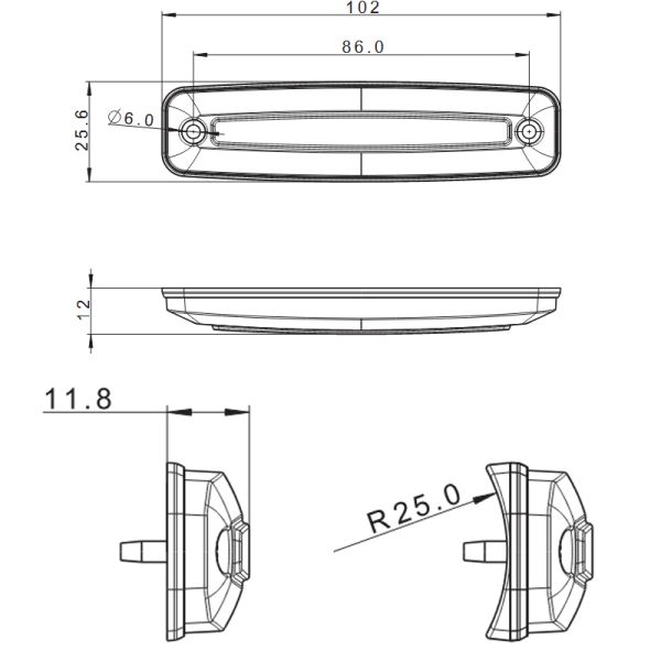 Medidas Barra LED de gálibo FT-079 12–24V compacta – Blanca / Ámbar / Roja E9 R10 A R1 SM1