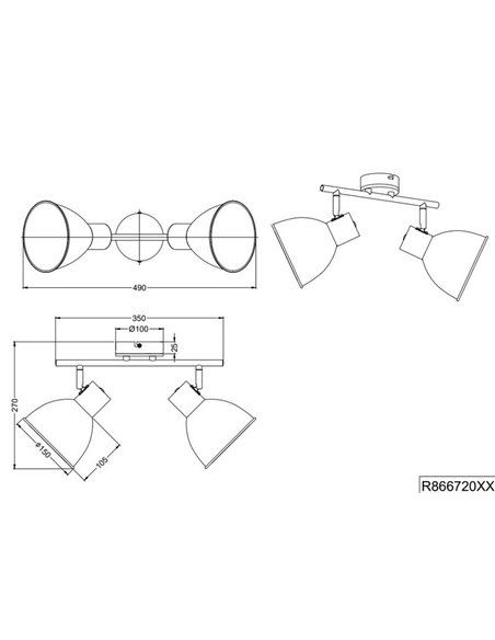 Regleta de 2 focos DELUME pared/techo bombillas excl. 2x E27 max. 40W IP20 Negro-madera
