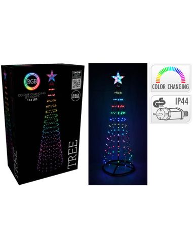 Árbol de Navidad LED exterior 1,5 m RGB con mando a distancia – 154 luces, estructura negra IP44