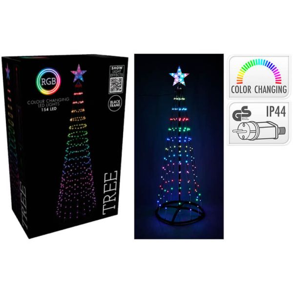Árbol de Navidad LED exterior 1,5 m RGB con mando a distancia – 154 luces, estructura negra IP44