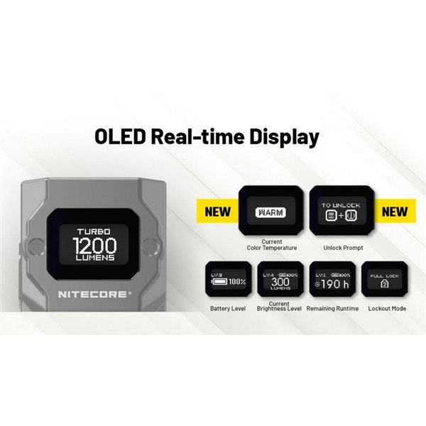 Lanterna LED portátil recarregável TUP2 preta de 1200lm, 3 temperaturas de cor, display OLED, IP54