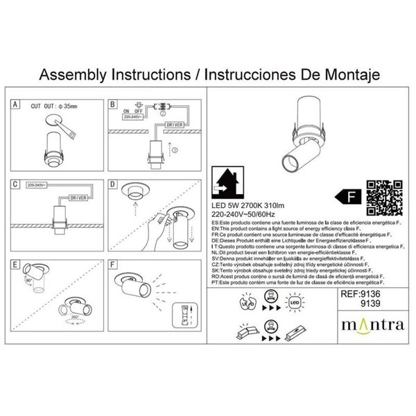 Foco orientable empotrable LED 5W GARDA MINI, estilo moderno blanco, 36º, 2700K/3000K/4000K