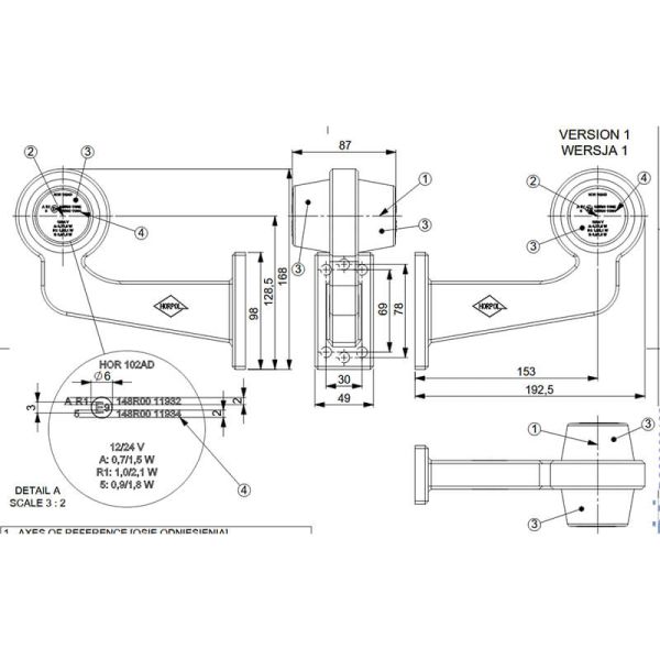 Feu de gabarit à LED avec bras LD 2586 - 2587 GRAPHITE Lentilles foncées 12/24V avec bras long Blanc Rouge R10 à R1